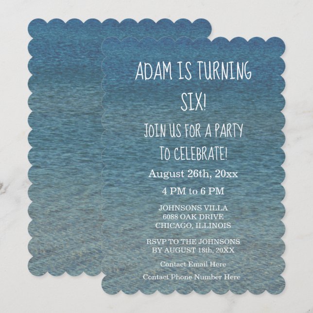 Invitación Partido de Cumpleaños Agua Azul Escenario Personal (Anverso / Reverso)