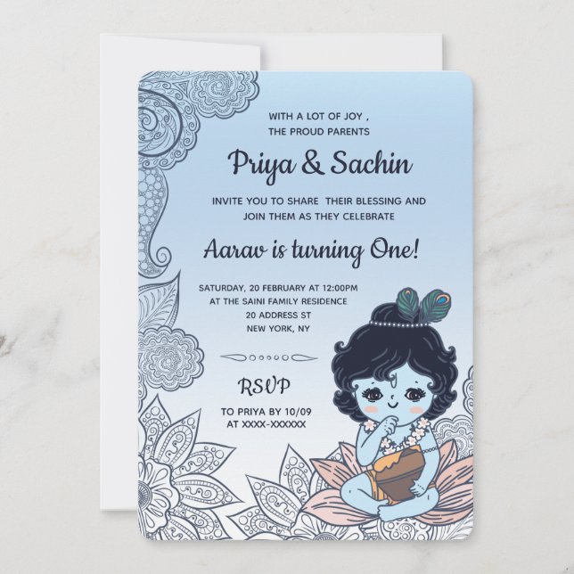 Invitación Partido de cumpleaños al estilo hindú de Krishna (Anverso)