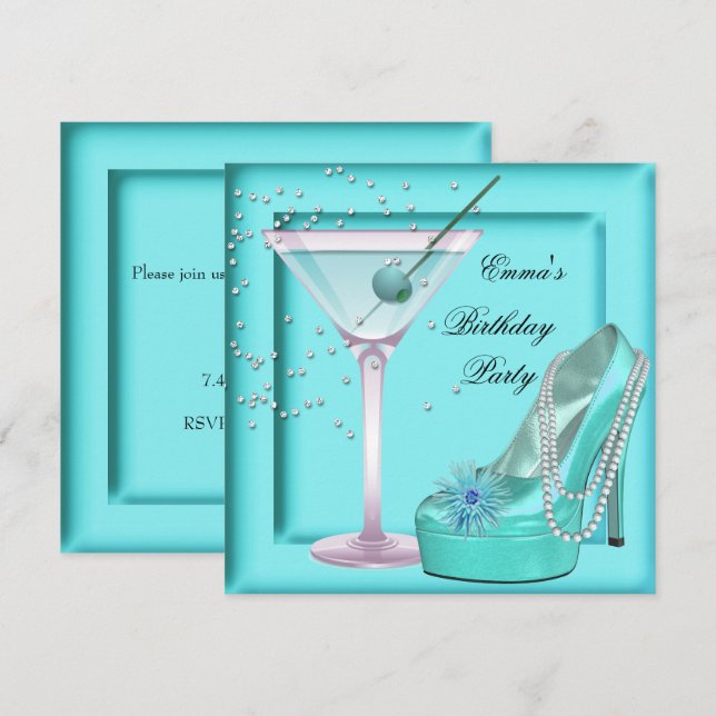 Invitación Partido de Cumpleaños Aqua Verde azulada Blue Turq (Anverso / Reverso)