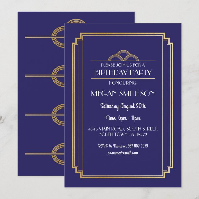 Invitación Partido de cumpleaños Art Deco invita a la marina  (Anverso / Reverso)