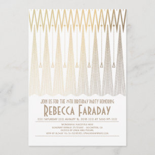 Invitación Partido de cumpleaños Art Deco White y Gold Gatsby