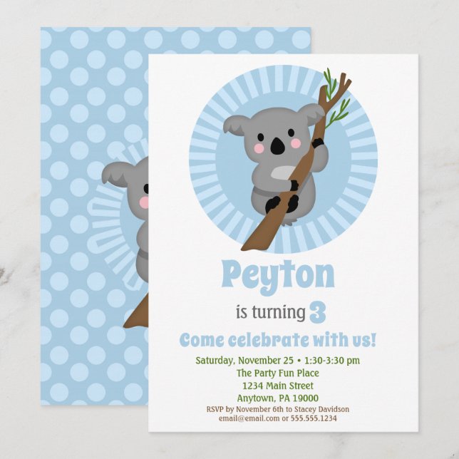 Invitación Partido de Cumpleaños Azul del Oso de Koala (Anverso / Reverso)