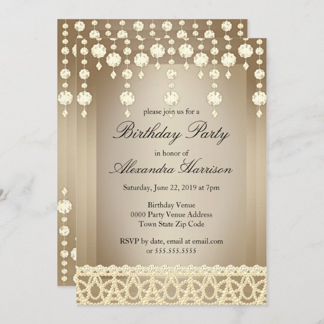 Invitación Partido de Cumpleaños Beige Crystal Sepia Diamond (Anverso / Reverso)