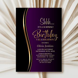 Invitación Partido de cumpleaños Black Gold Purple Surprise