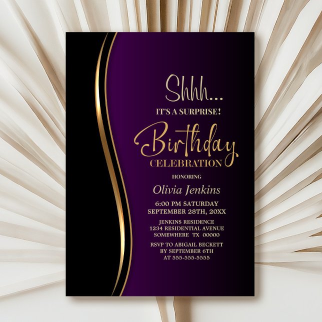 Invitación Partido de cumpleaños Black Gold Purple Surprise (Subido por el creador)