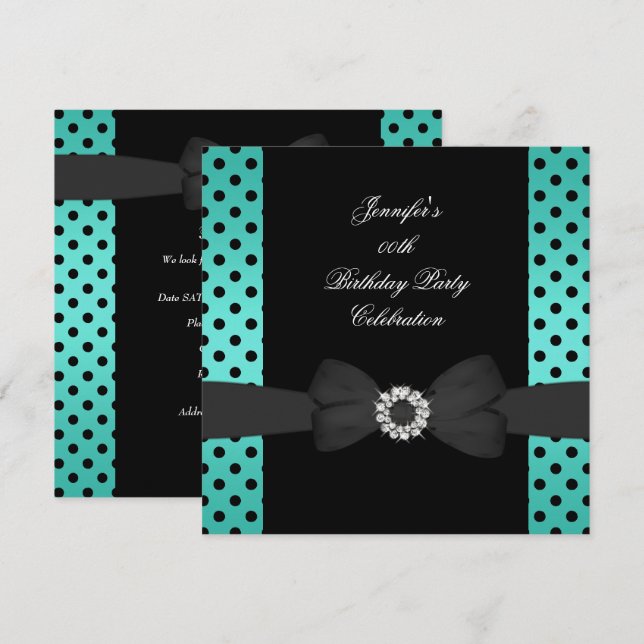 Invitación Partido de Cumpleaños Black Verde azulada Polka Do (Anverso / Reverso)