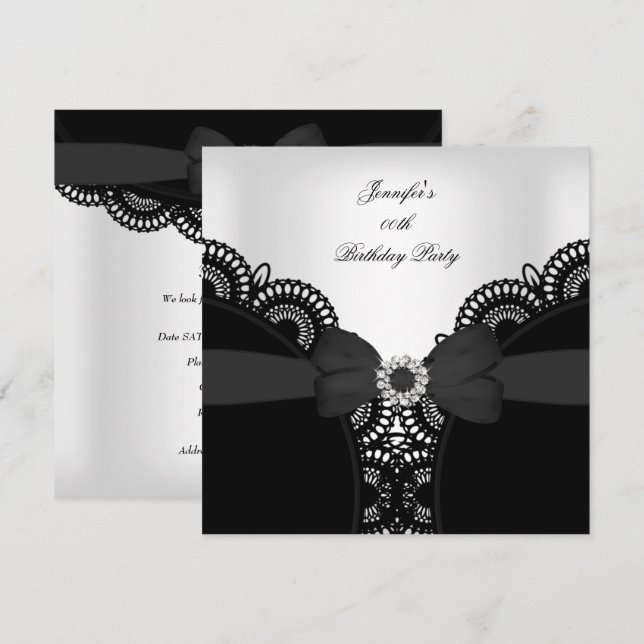Invitación Partido de Cumpleaños Black White Lace Diamond Top (Anverso / Reverso)
