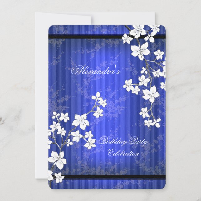 Invitación Partido de cumpleaños blanco de la flor negra azul (Anverso)