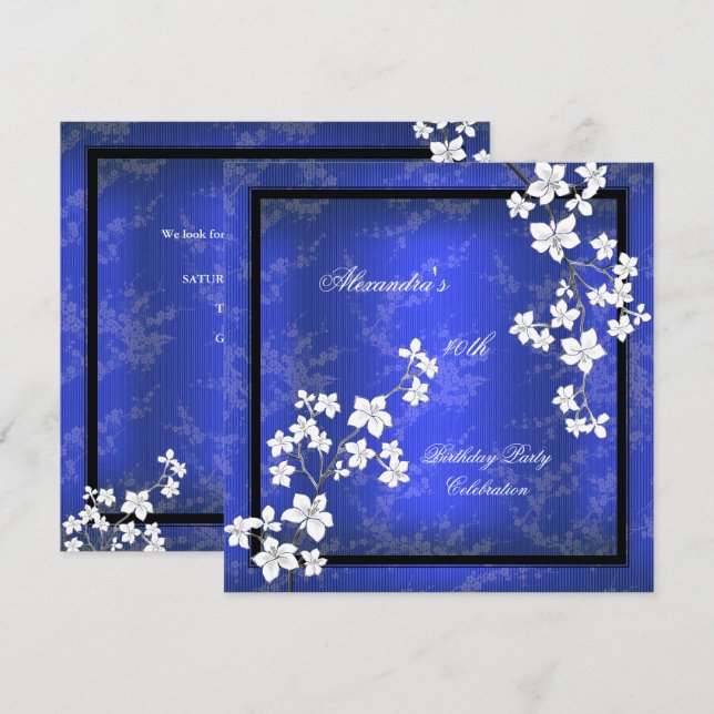 Invitación Partido de cumpleaños blanco de la flor negra azul (Anverso / Reverso)