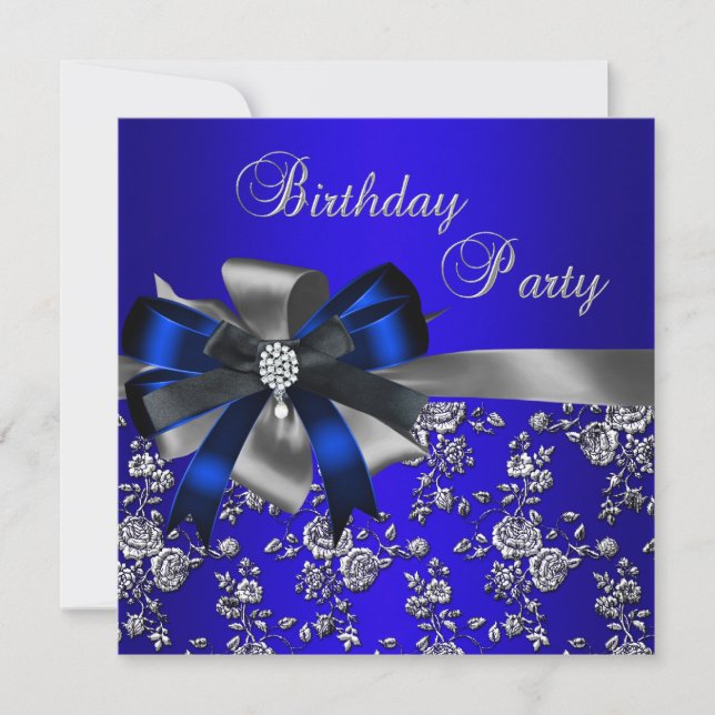 Invitación Partido de Cumpleaños Blue Damask Pearl Silver Neg (Anverso)