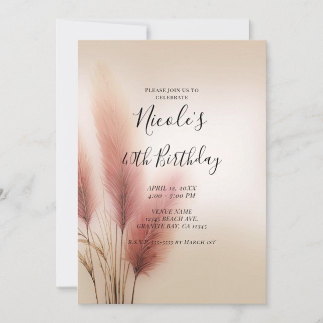 Invitación Partido de cumpleaños Boho Boho Bohemian Pampas Ro (Anverso)