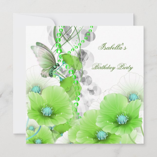 Invitación Partido de Cumpleaños Bonito Mariposa Blanca Flora (Anverso)