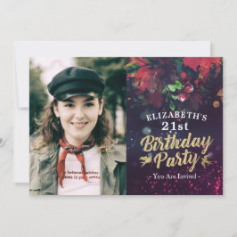 Invitación Partido de Cumpleaños Burgundy Floral Purple Light
