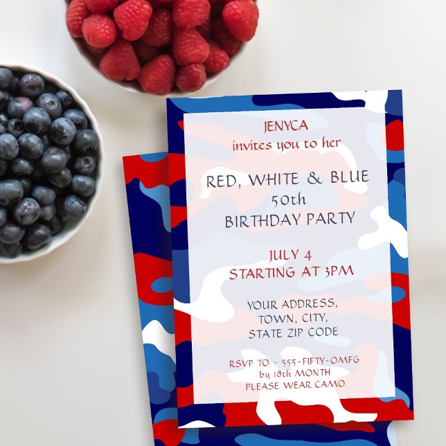 Invitación Partido de Cumpleaños Camo Blanco Rojo (Red White and Blue. A camo party just for you!)