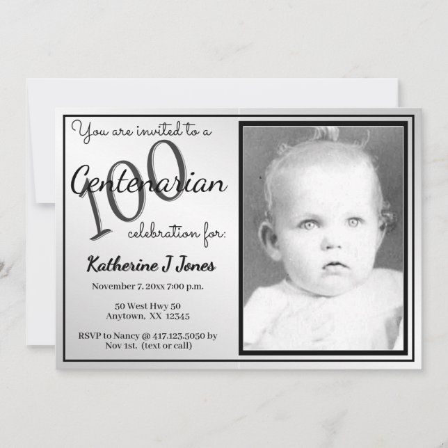 Invitación Partido de cumpleaños centenario de 100 años negro (Anverso)