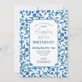 Invitación Partido de Cumpleaños Chintz Blue & White Floral D