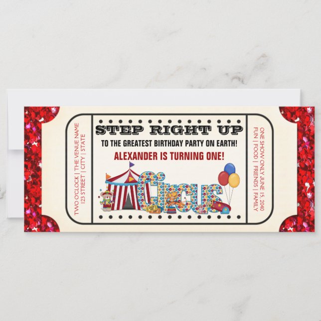 Invitación Partido de cumpleaños Circus Ticket (Anverso)