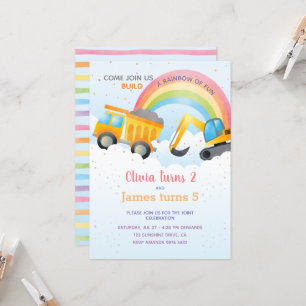 Invitación Partido de Cumpleaños Conjunto Arcoiris y Construc