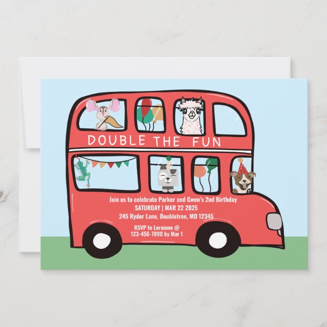Invitación Partido de Cumpleaños Conjunto de Doble Decker Bus (Anverso)