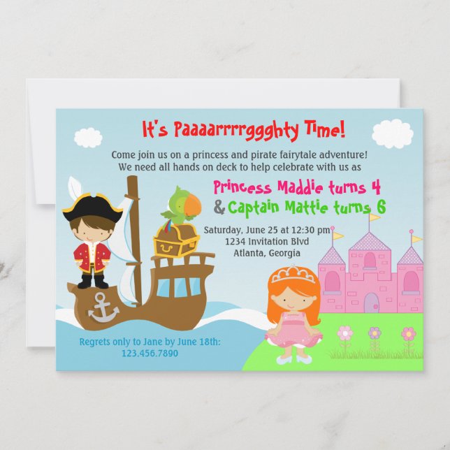 Invitación Partido de cumpleaños conjunto Princesa y Gemelos  (Anverso)