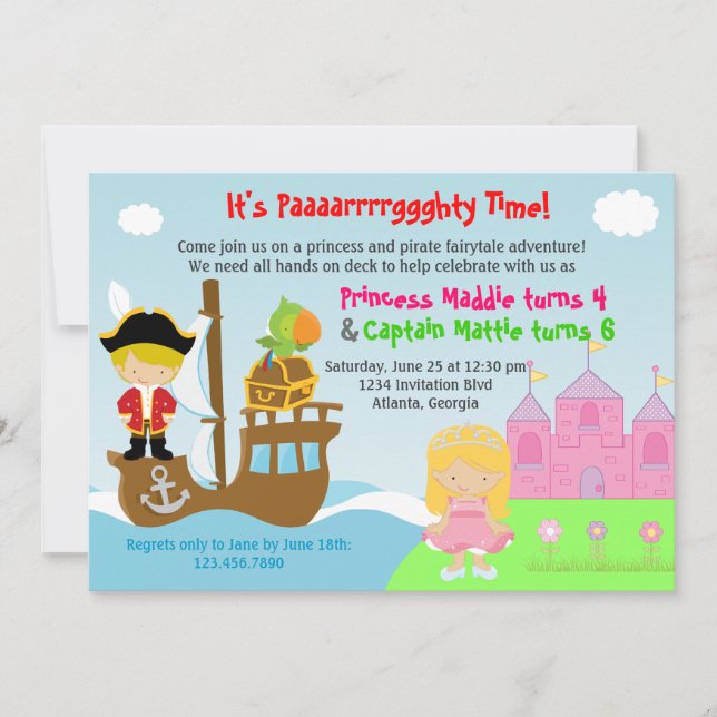 Invitación Partido de cumpleaños conjunto Princesa y Gemelos  (Anverso)