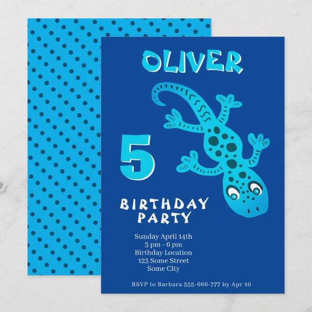 Invitación Partido de cumpleaños Cute Blue Gecko Lizard (Anverso / Reverso)