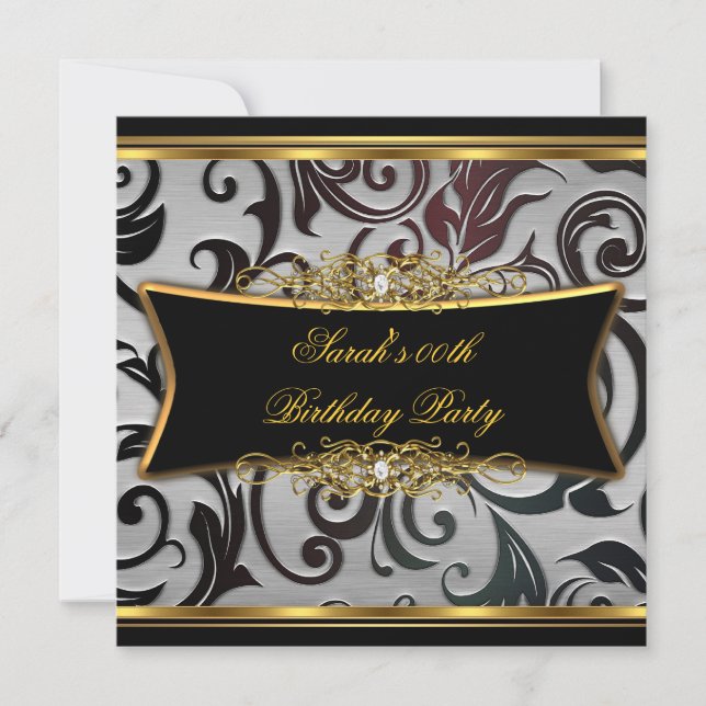 Invitación Partido de cumpleaños Damask Floral Black Gold Whi (Anverso)