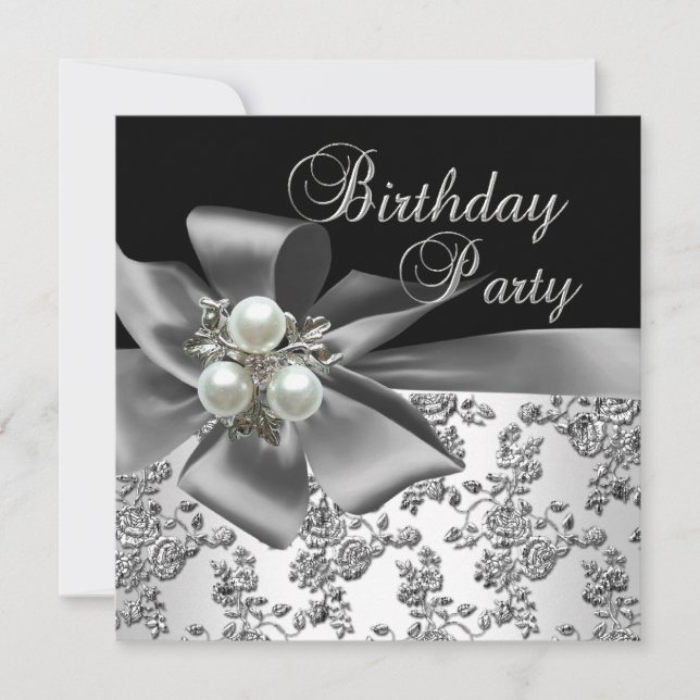 Invitación Partido de Cumpleaños Damask Pearl Silver Blanco N (Anverso)