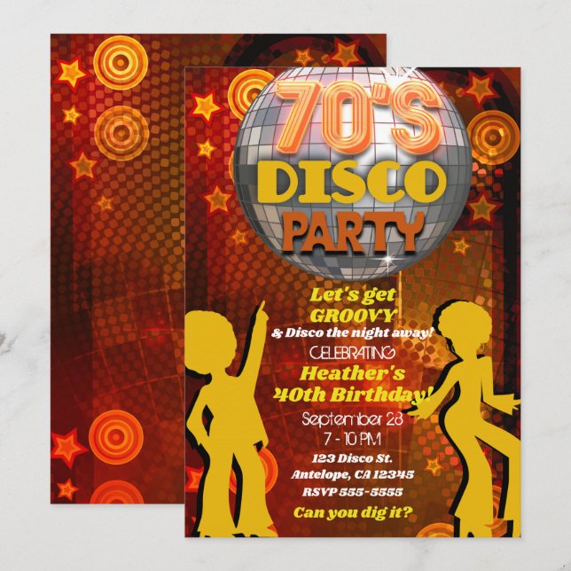 Invitación Partido de cumpleaños de 70's Setenties Naranja Di (Anverso / Reverso)