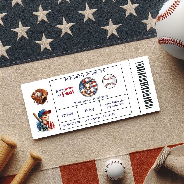 Invitación Partido de cumpleaños de All American Boy Baseball (All American Boy Baseball Ticket Birthday Party Invitation)