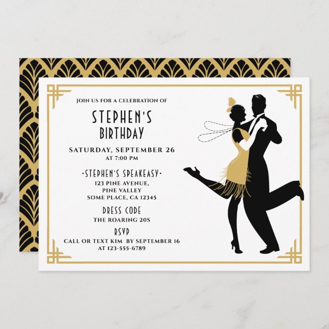 Invitación Partido de cumpleaños de Art Deco/Gran Gatsby/Roar (Anverso / Reverso)
