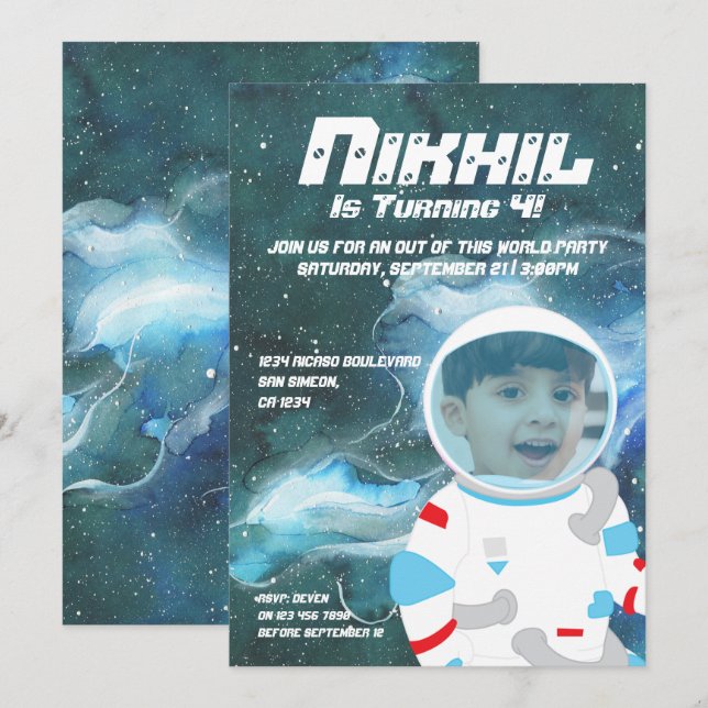 Invitación Partido de cumpleaños de Astronauta Spaceman Galax (Anverso / Reverso)