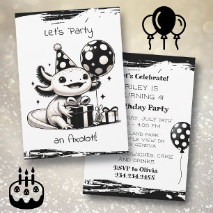 Invitación Partido de cumpleaños de Axolotl blanco y negro
