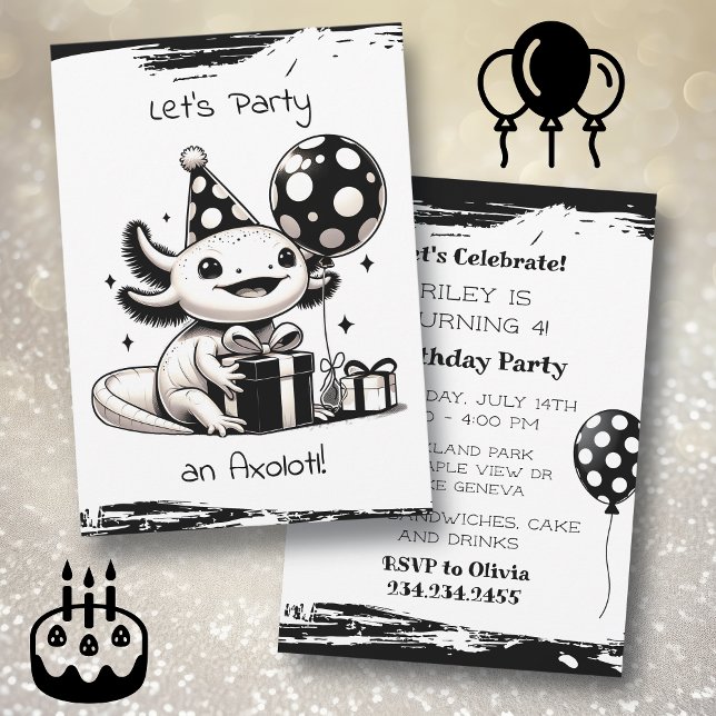 Invitación Partido de cumpleaños de Axolotl blanco y negro (Subido por el creador)
