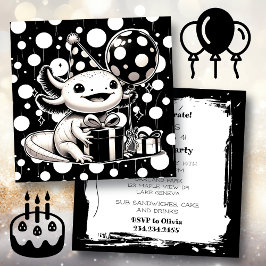 Invitación Partido de cumpleaños de Axolotl blanco y negro