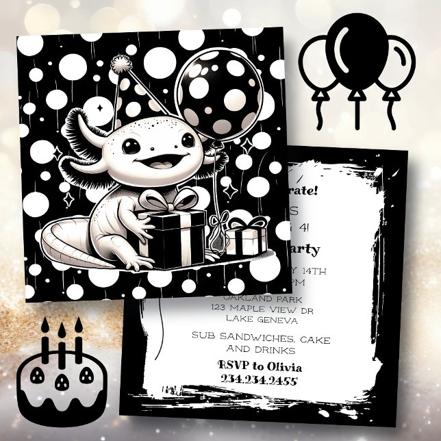 Invitación Partido de cumpleaños de Axolotl blanco y negro (Subido por el creador)