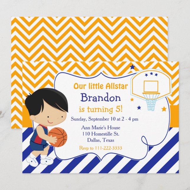 Invitación Partido de cumpleaños de Baloncesto Cute Black Hai (Anverso / Reverso)