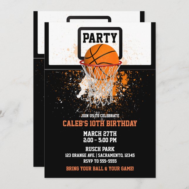 Invitación Partido de Cumpleaños de Baloncesto y Deportes Hoo (Anverso / Reverso)