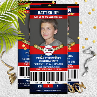 Invitación Partido de cumpleaños de béisbol estilo Ticket Roj