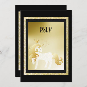 Invitación Partido de Cumpleaños de Black Gold Unicorn RSVP