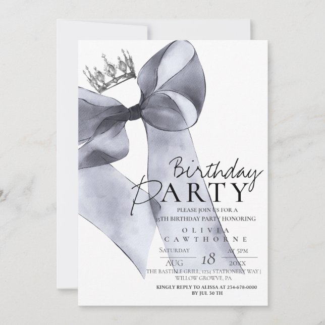 Invitación Partido de cumpleaños de Black Gray Bow (Anverso)