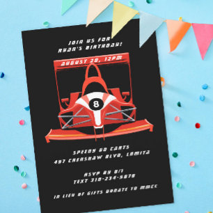 Invitación Partido de cumpleaños de Black Red Race Car