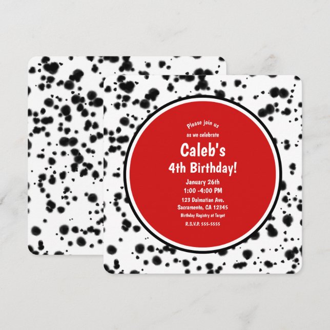 Invitación Partido de cumpleaños de Black White Red Dalmatian (Anverso / Reverso)