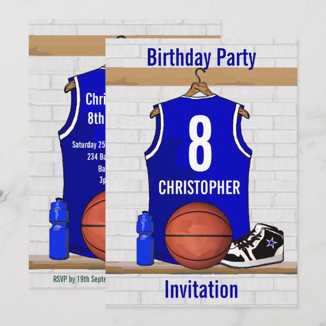 Invitación Partido de cumpleaños de Blue White Basketball Jer (Anverso / Reverso)