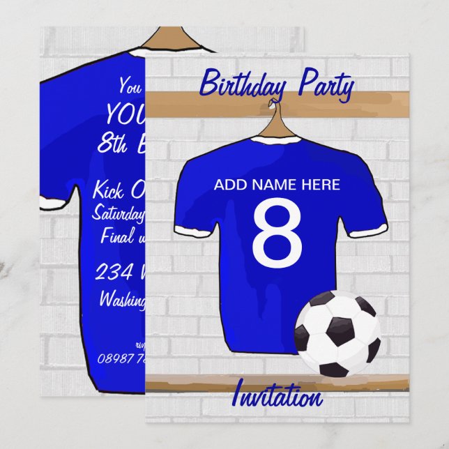 Invitación Partido de cumpleaños de Blue White Football Socce (Anverso / Reverso)