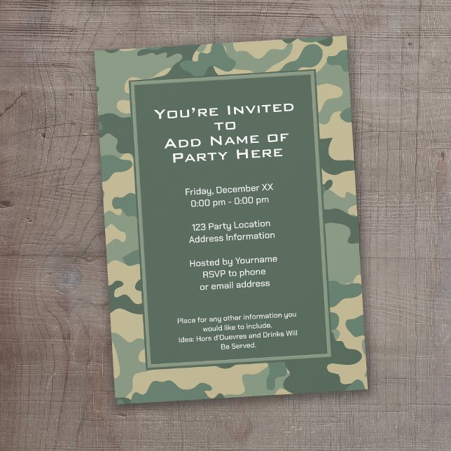 Invitación Partido de Cumpleaños de Camuflaje Militar (A camouflage print birthday party invitation)