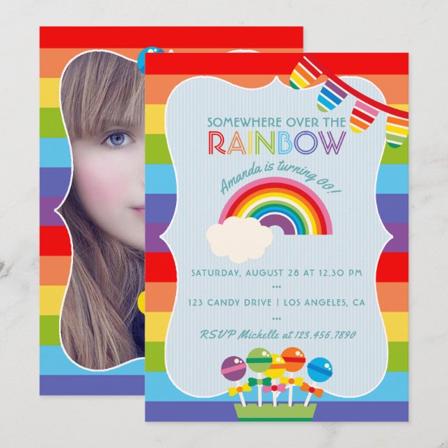 Invitación Partido de Cumpleaños de Candy Arcoiris agregan in (Anverso / Reverso)