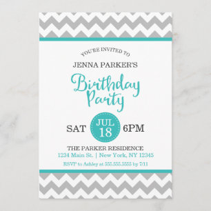 Invitación Partido de cumpleaños de Chevron Gris y Turquesa M