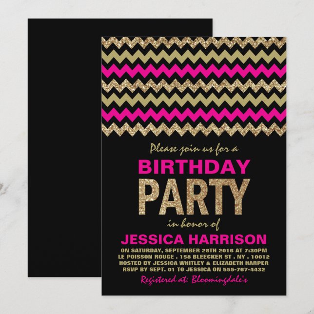 Invitación Partido de Cumpleaños de Chevron, Purpurina de oro (Anverso / Reverso)