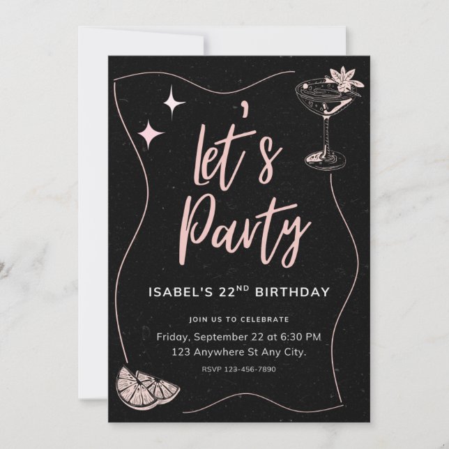 Invitación Partido de cumpleaños de Chicas negros y rosados (Anverso)